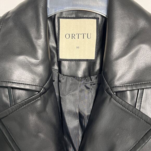 Orttu Freddie Jacket Military Style Faux Fur Black Vegan Faux Leather Aqua Belt - Picture 12 of 14